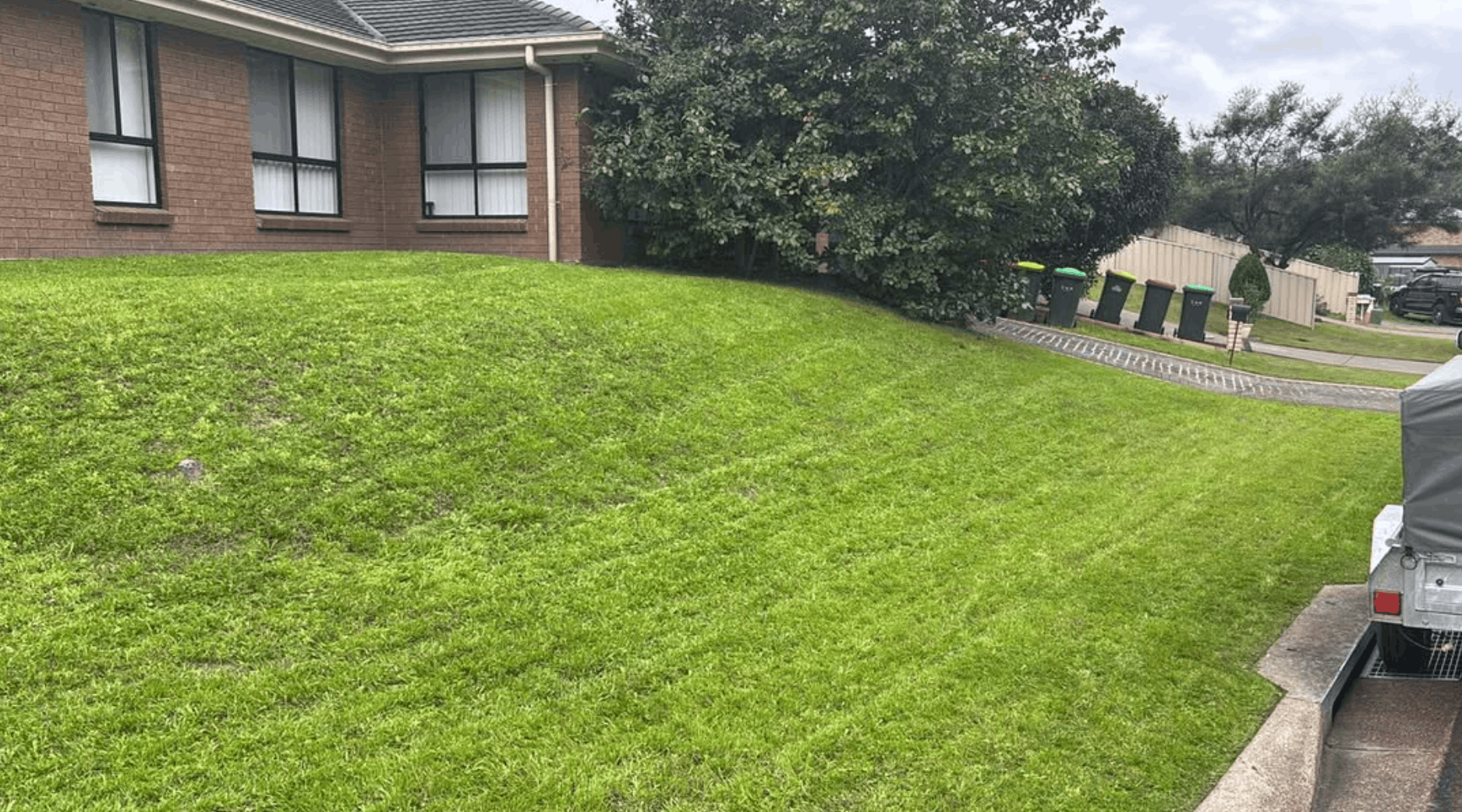 Close up of healthy green mown lawn with timber edging